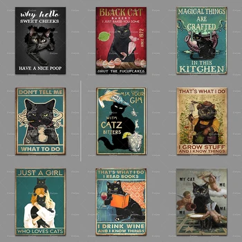  Pisica neagra Poster | Amestec de Gin Cu Catz Bitter Printuri, Vintage Black Cat Poster, Cat și Vin Panza, Decor Casa, Arta de Perete